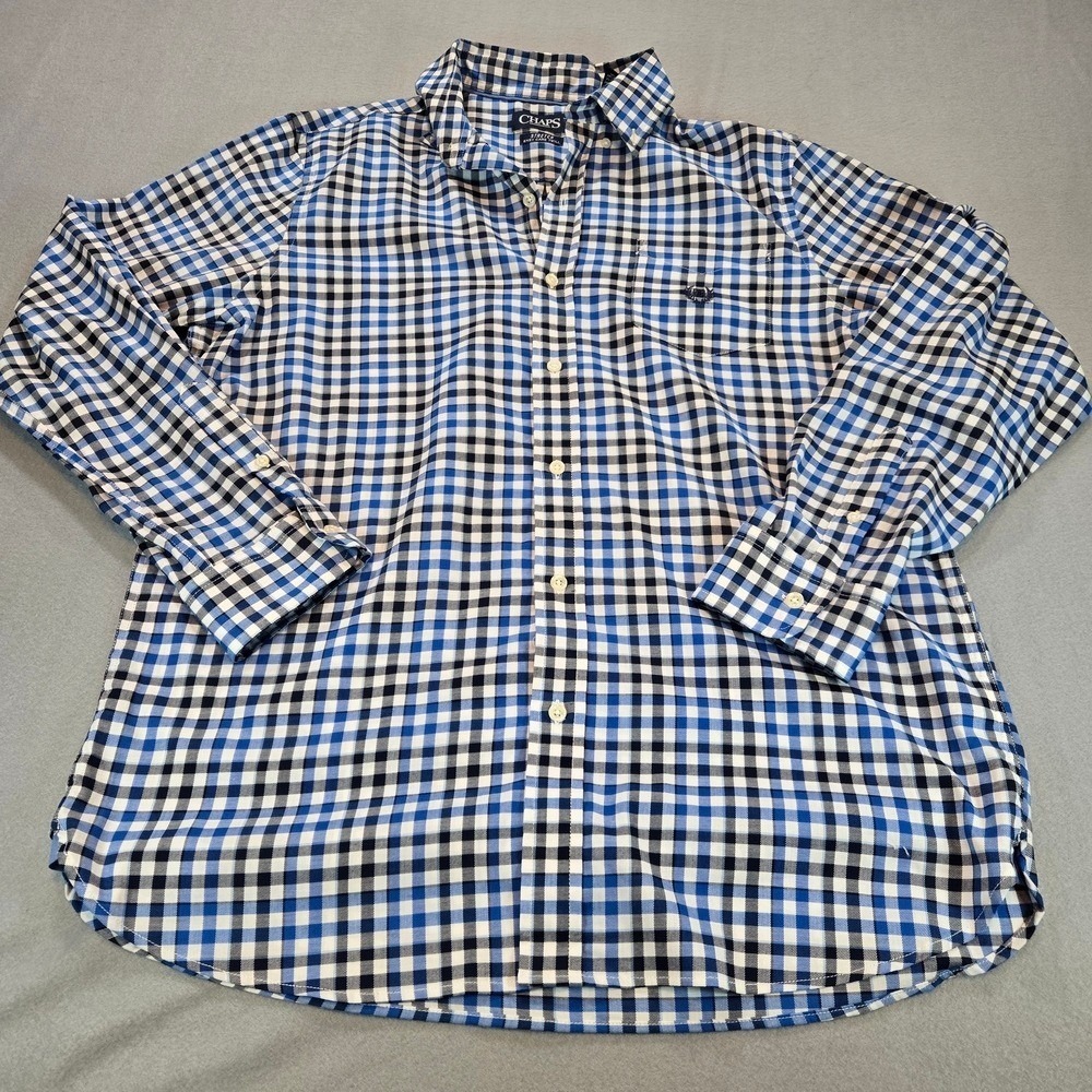 Chaps Button Down Shirt Mens L Blue Gingham Stretch Easy Care Twill Long Sleeve
